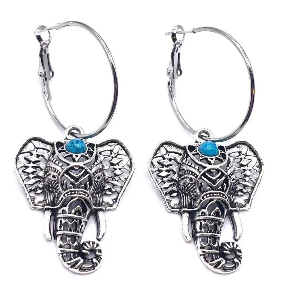 Silver with Turquoise Boho Elephants Hinged Post Hoop Earrings